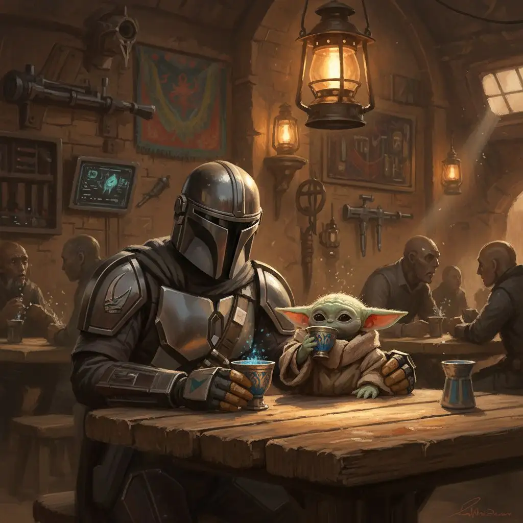 The Mandalorian and Grogu relaxing in a cantina, sharing a drink.