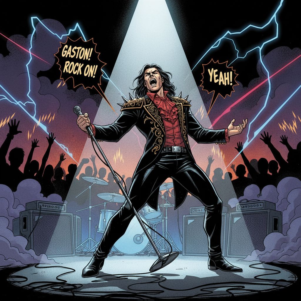 Rock star Gaston singing on stage, graphic novel style.