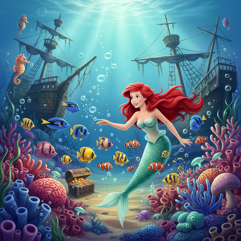 Whimsical illustration of Ariel swimming in a vibrant coral reef with colorful fish.