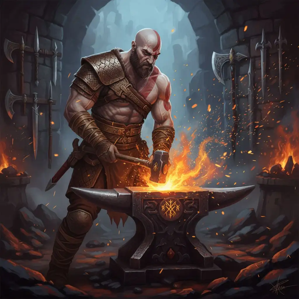 Kratos forging weapon, Kratos artwork.