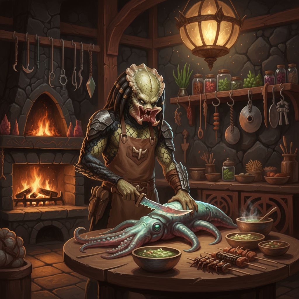 Predator preparing Yautja meal in alien kitchen, painterly style