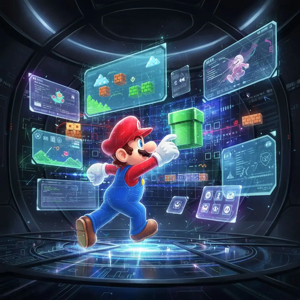 Super Mario navigating a digital interface to design a new game level.