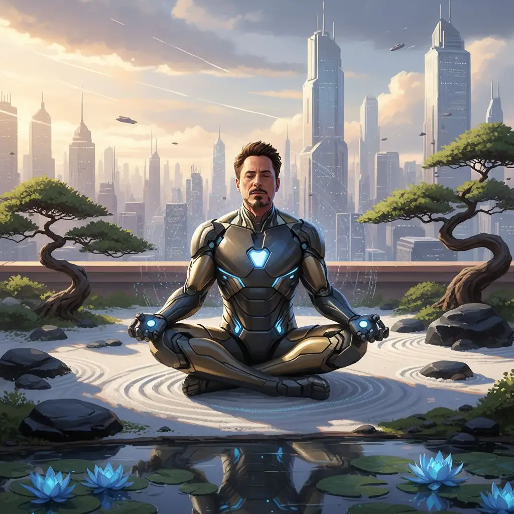 Tony Stark as Iron Man meditating on a rooftop at dawn, digital painting.