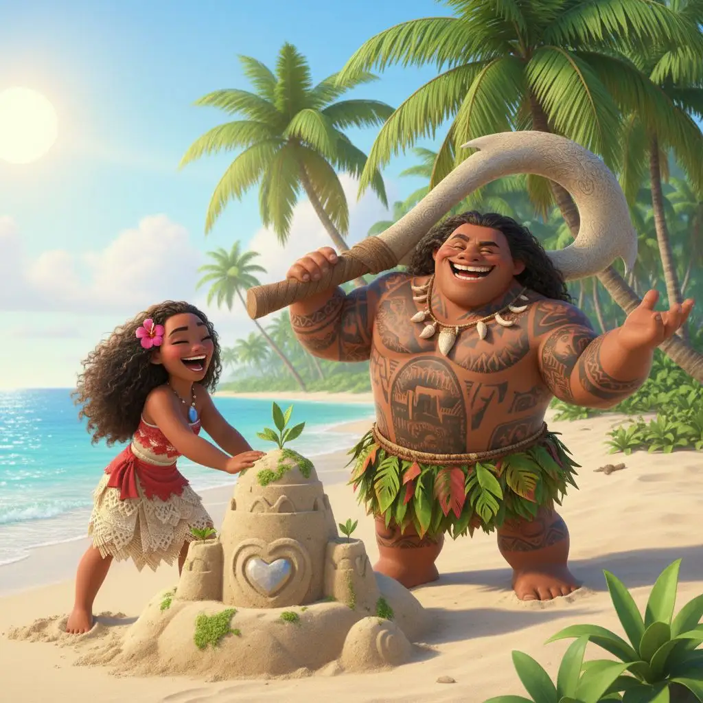 Moana and Maui building a sandcastle on a sunny beach, showcasing joy and collaboration.