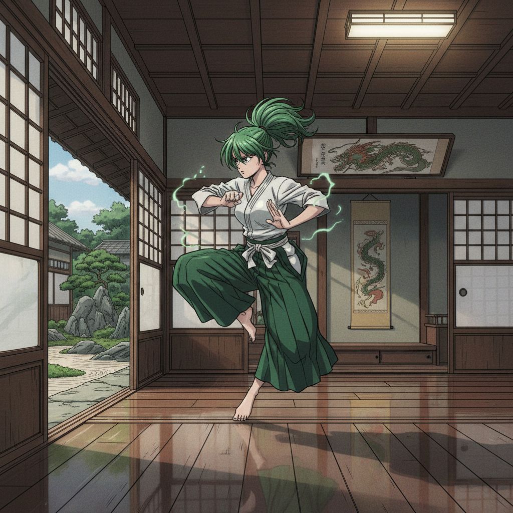 Tatsumaki practicing martial arts in a dojo.