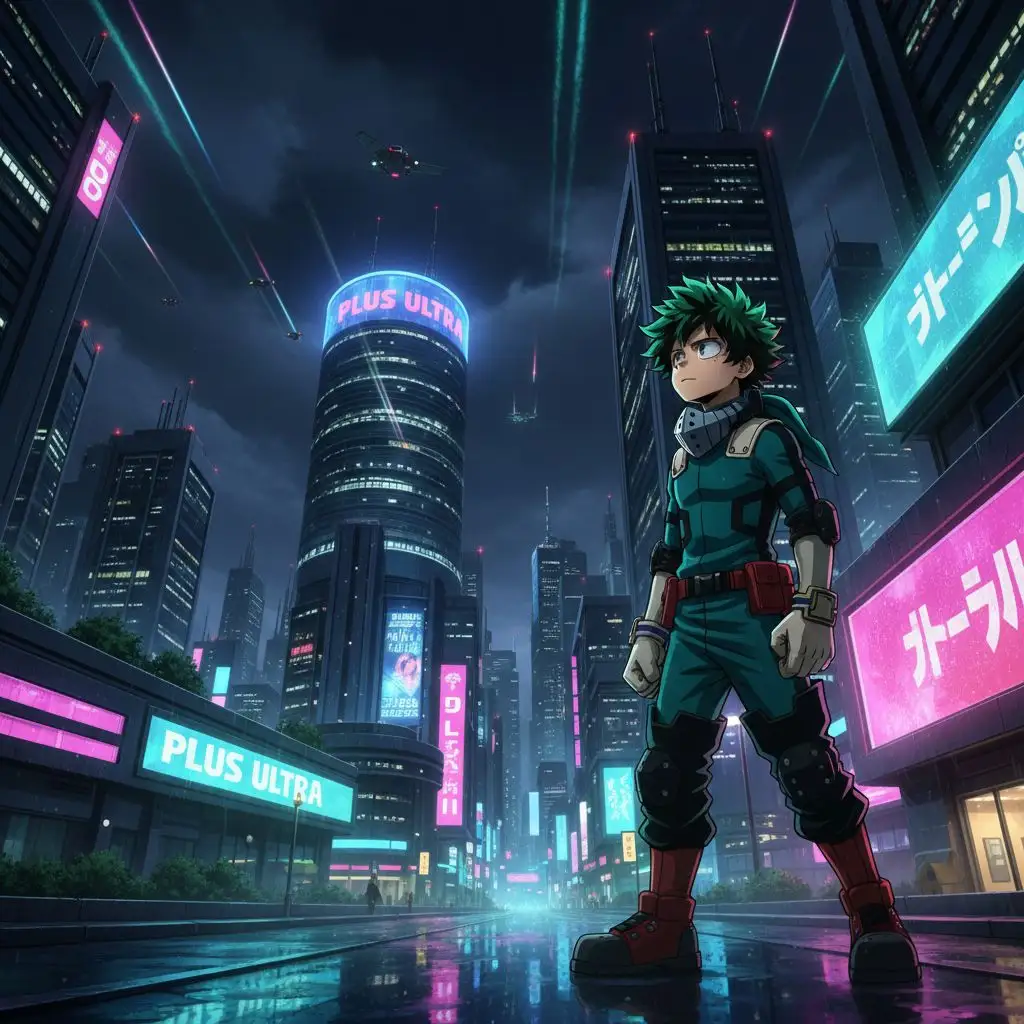 Deku exploring a futuristic neon city at night, reflecting on his path.