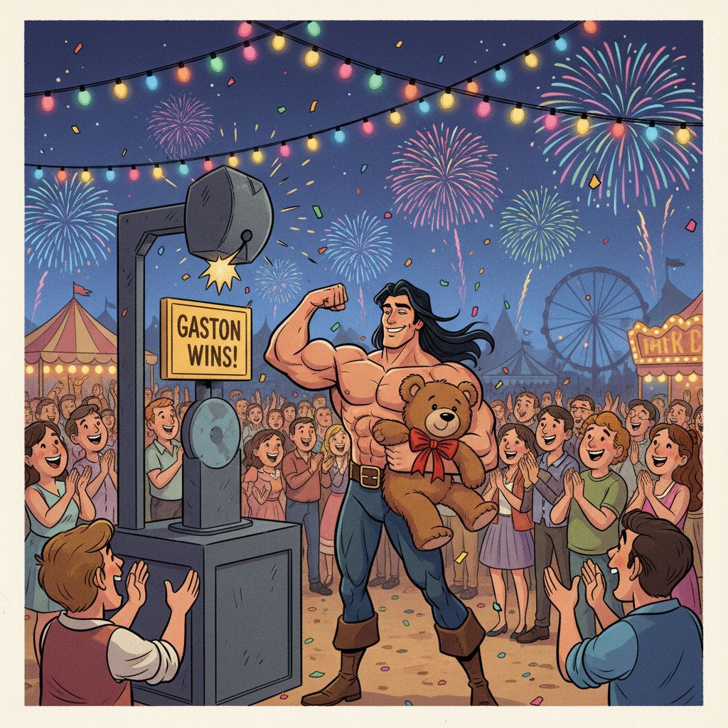 Gaston winning a carnival game, lively illustration style.