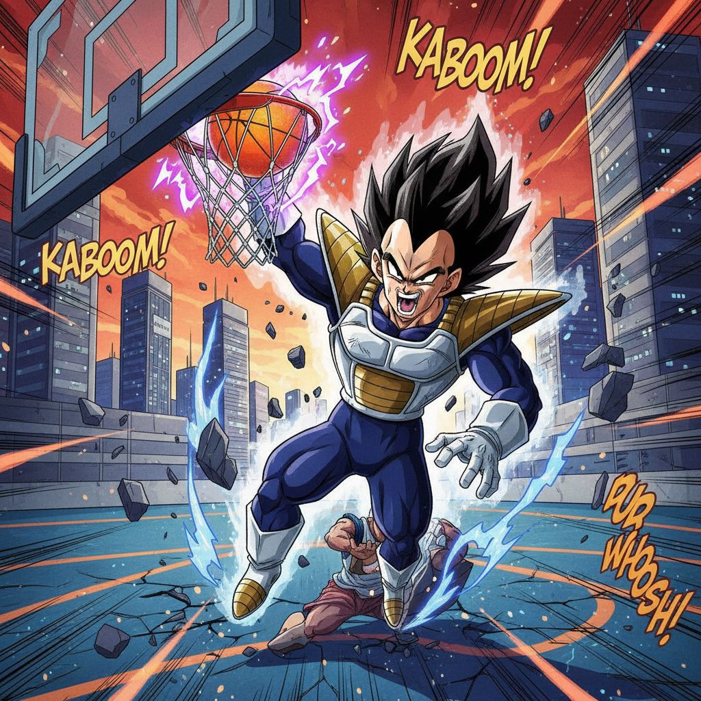 Vegeta in Saiyan armor playing basketball, mid-dunk, in comic book style.