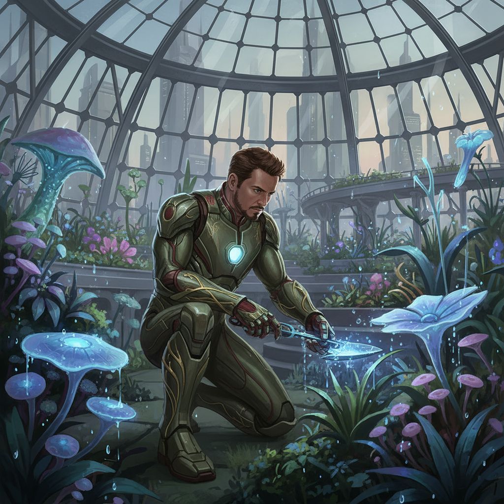 Iron Man gardening in a futuristic greenhouse, concept art style.