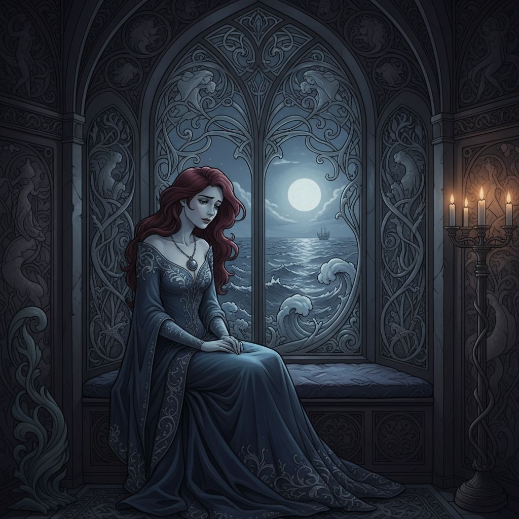 Dark romantic art nouveau style art of Ariel at a moonlit castle window.