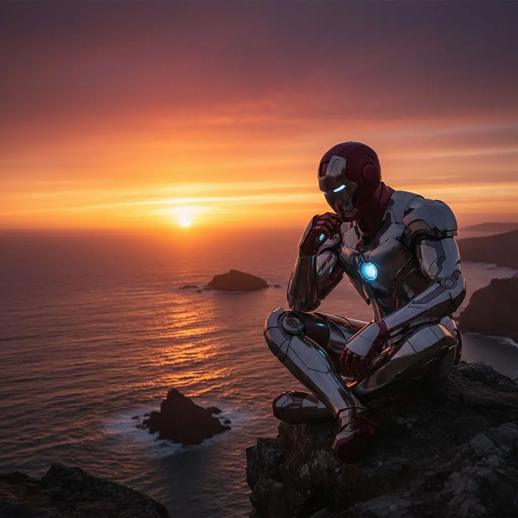 Iron Man on a cliff watching a sunset over the ocean, hyper-realistic.