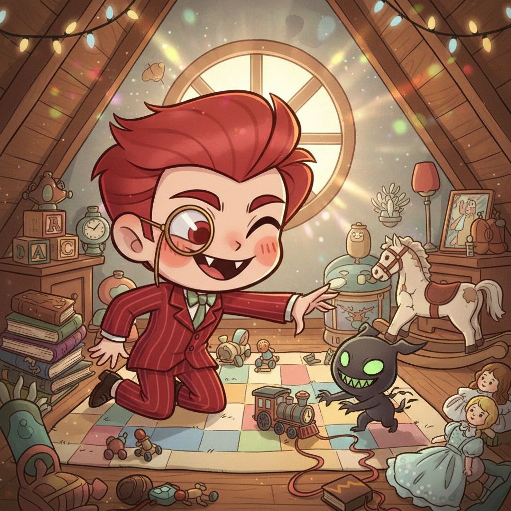 Cute chibi Alastor playing with a shadow in an attic, cute Alastor fanart.