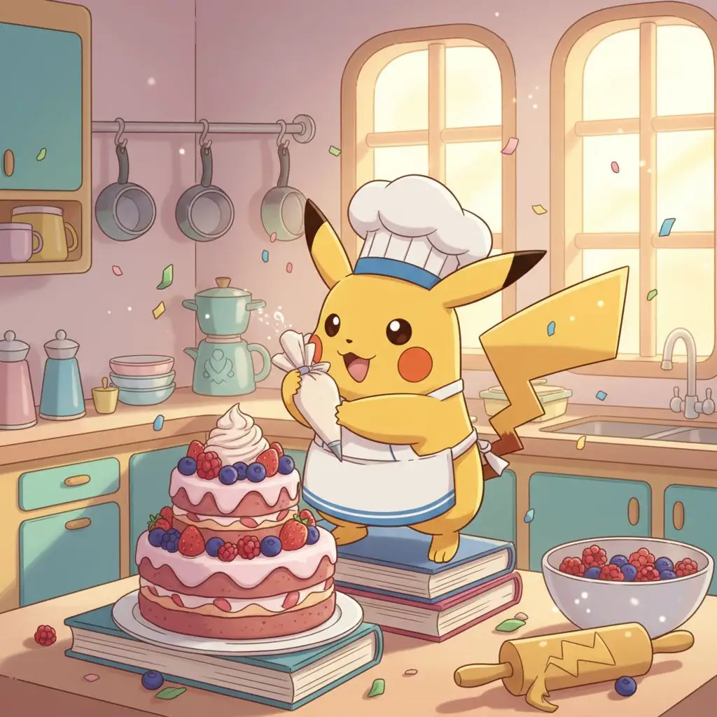 Chef Pikachu decorating a berry cake in a whimsical kitchen, cartoon style.