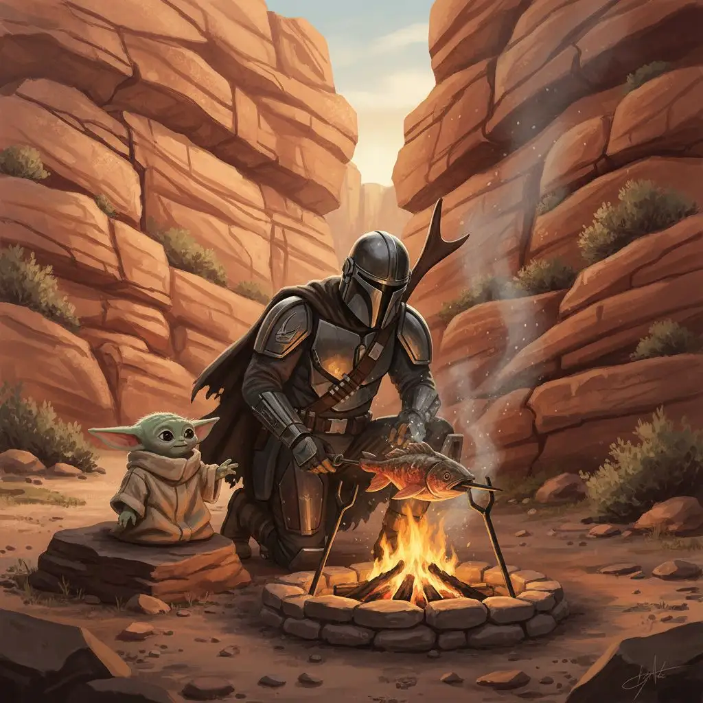 The Mandalorian cooking over a campfire in a canyon with Grogu.