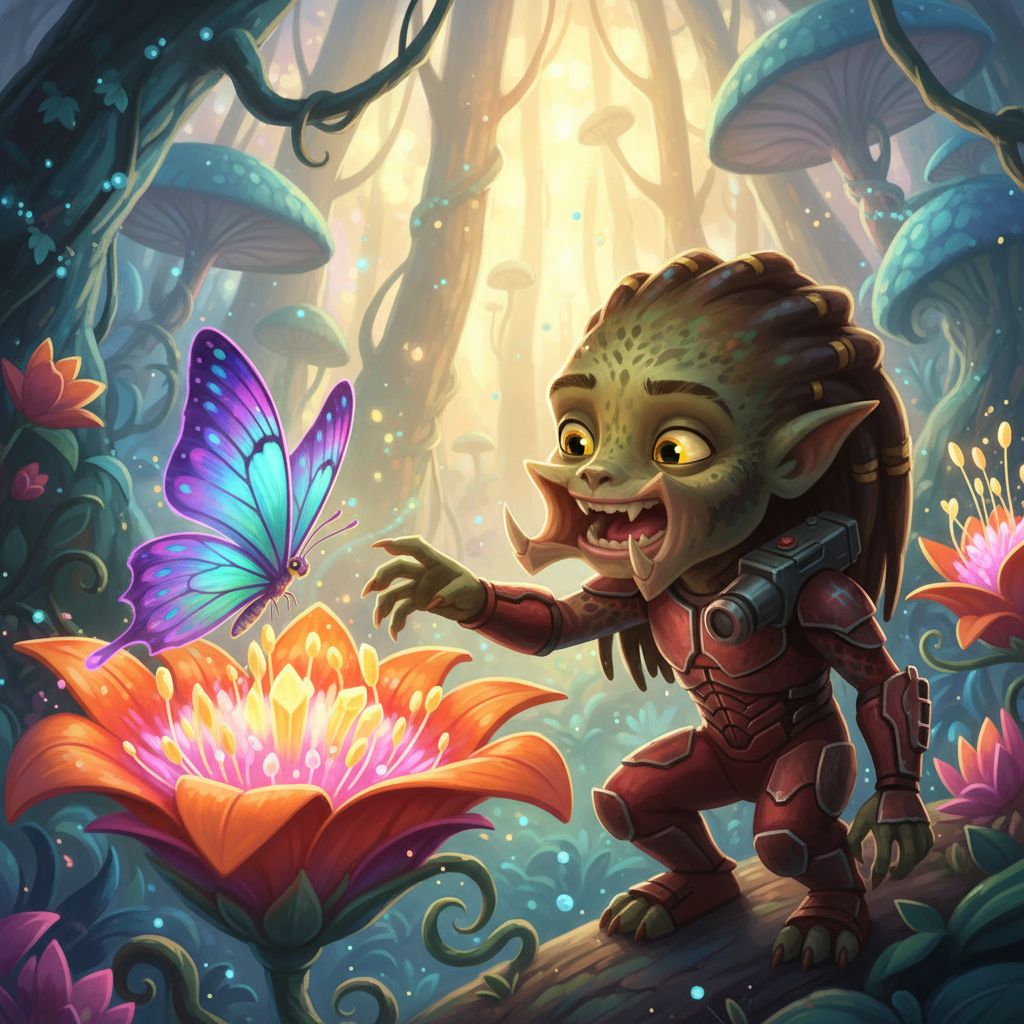 Young Predator observing an alien butterfly, animated cartoon style