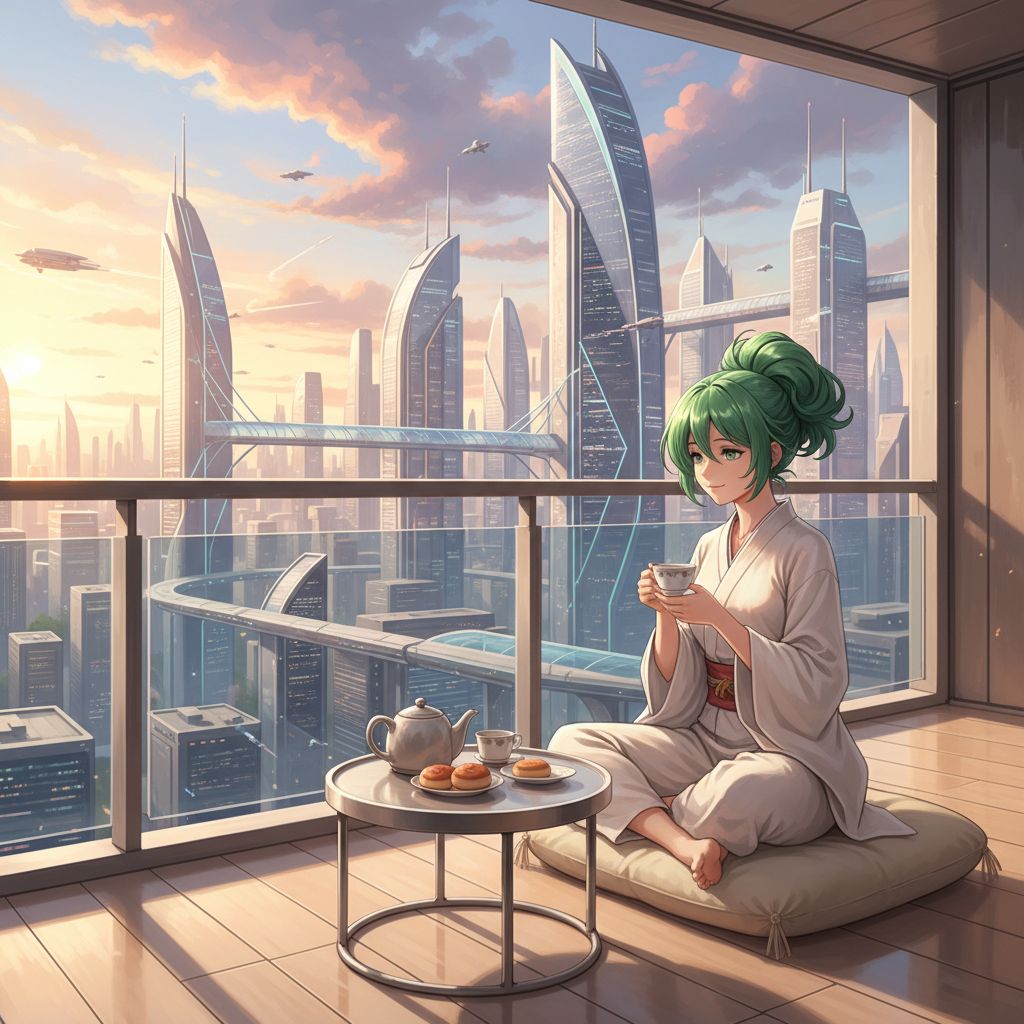 Tatsumaki enjoying tea on a balcony overlooking a city at sunset.