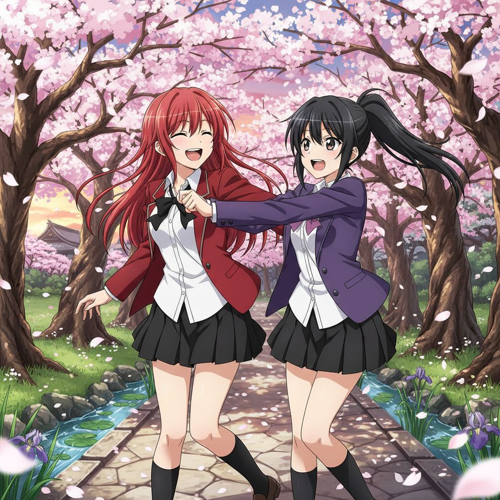 Rias Gremory and Akeno in a cherry blossom garden, playful interaction, Highschool DxD fan art.