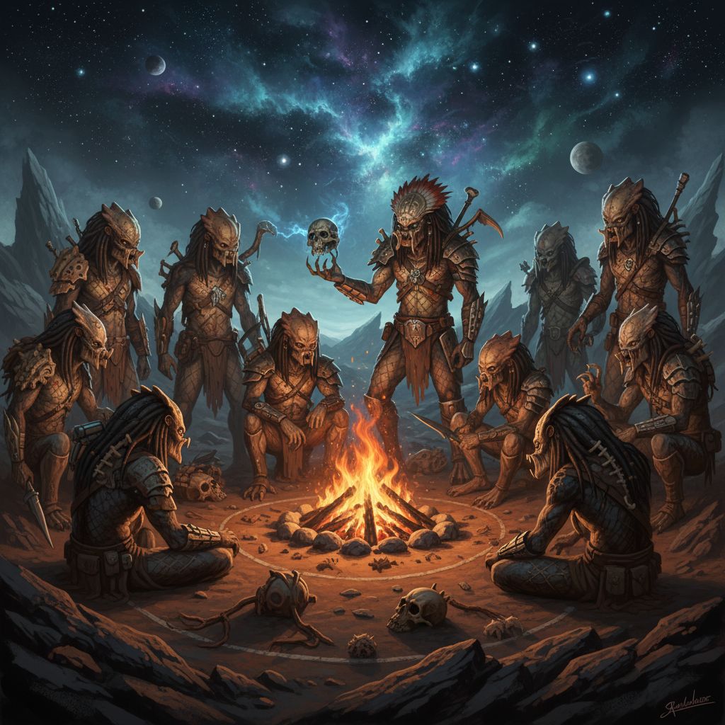 Yautja clan around campfire on rocky planet, fantasy art style