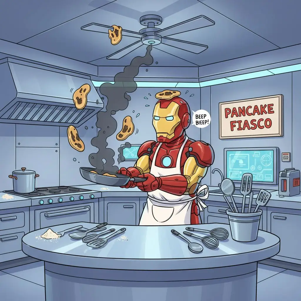 Humorous image of Iron Man in an apron making pancakes in a kitchen.