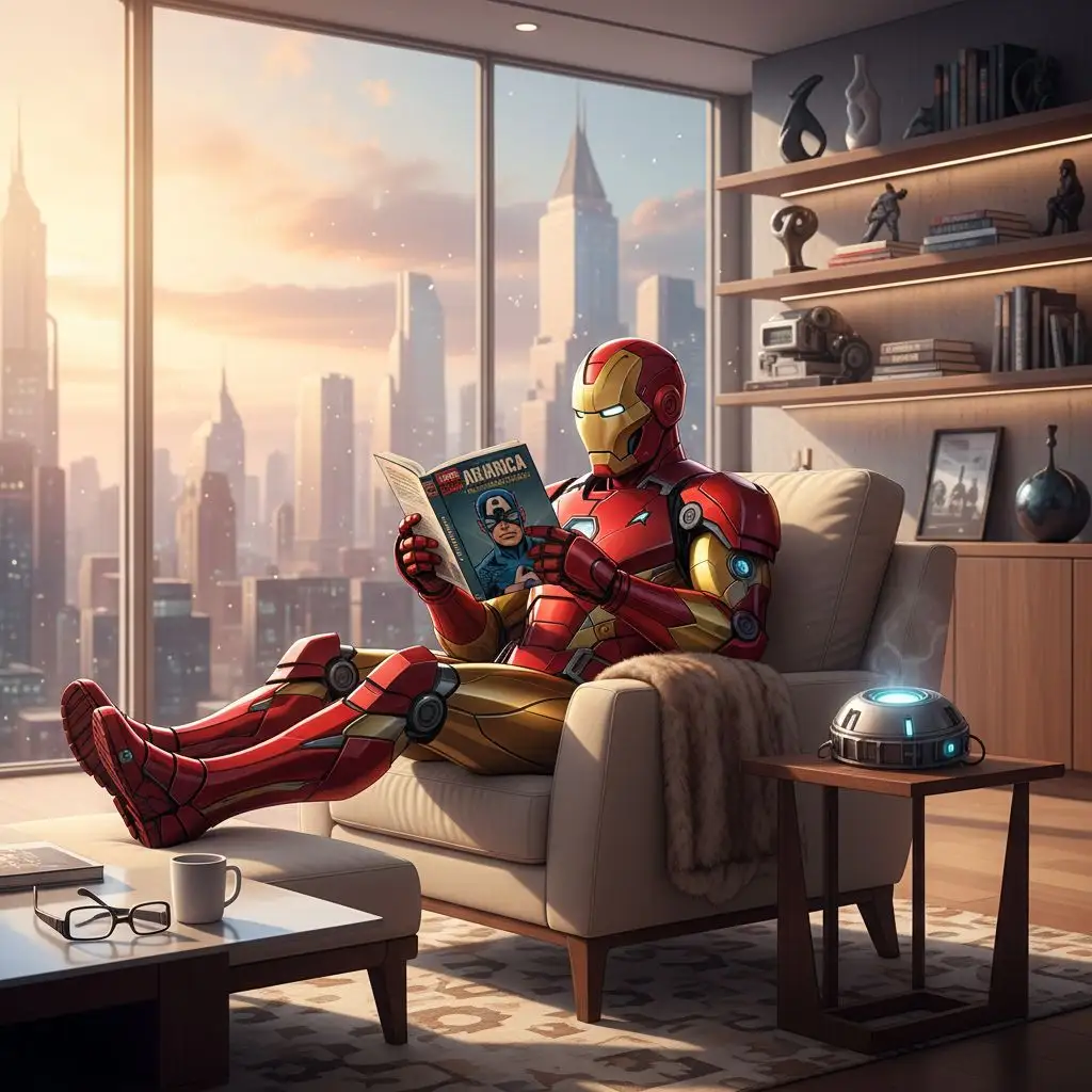 Iron Man reading a comic in a penthouse living room, tranquil digital art.
