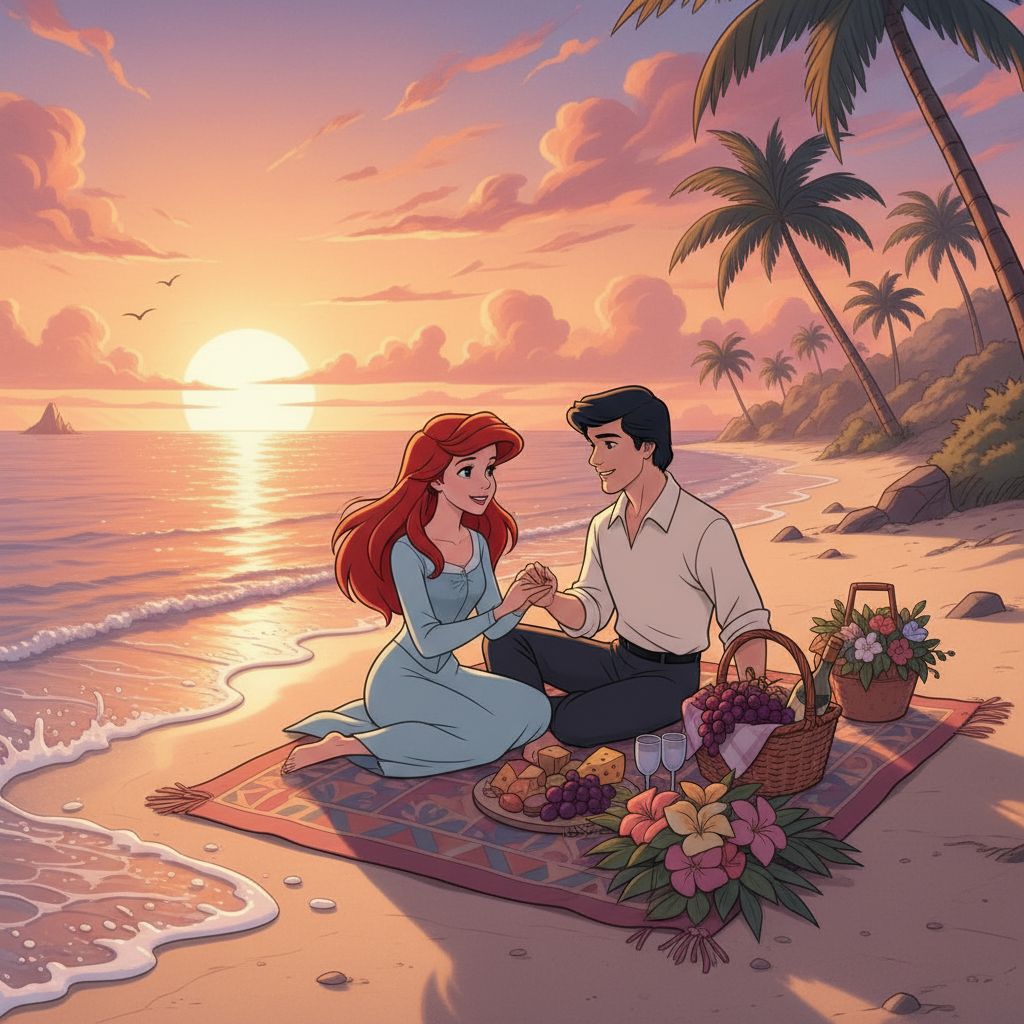 Classic animation style art of Ariel and Eric having a romantic sunset picnic on a beach.