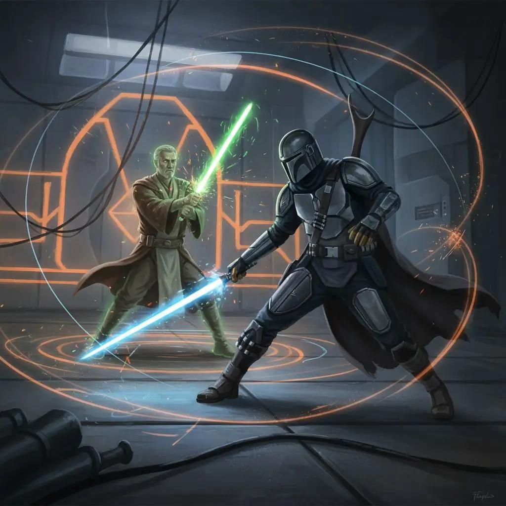 The Mandalorian training with a holographic Jedi master with a lightsaber.