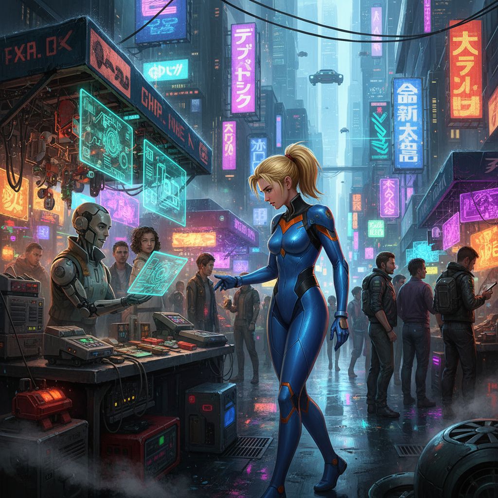 Zero Suit Samus browsing a futuristic tech market, cyberpunk illustration.