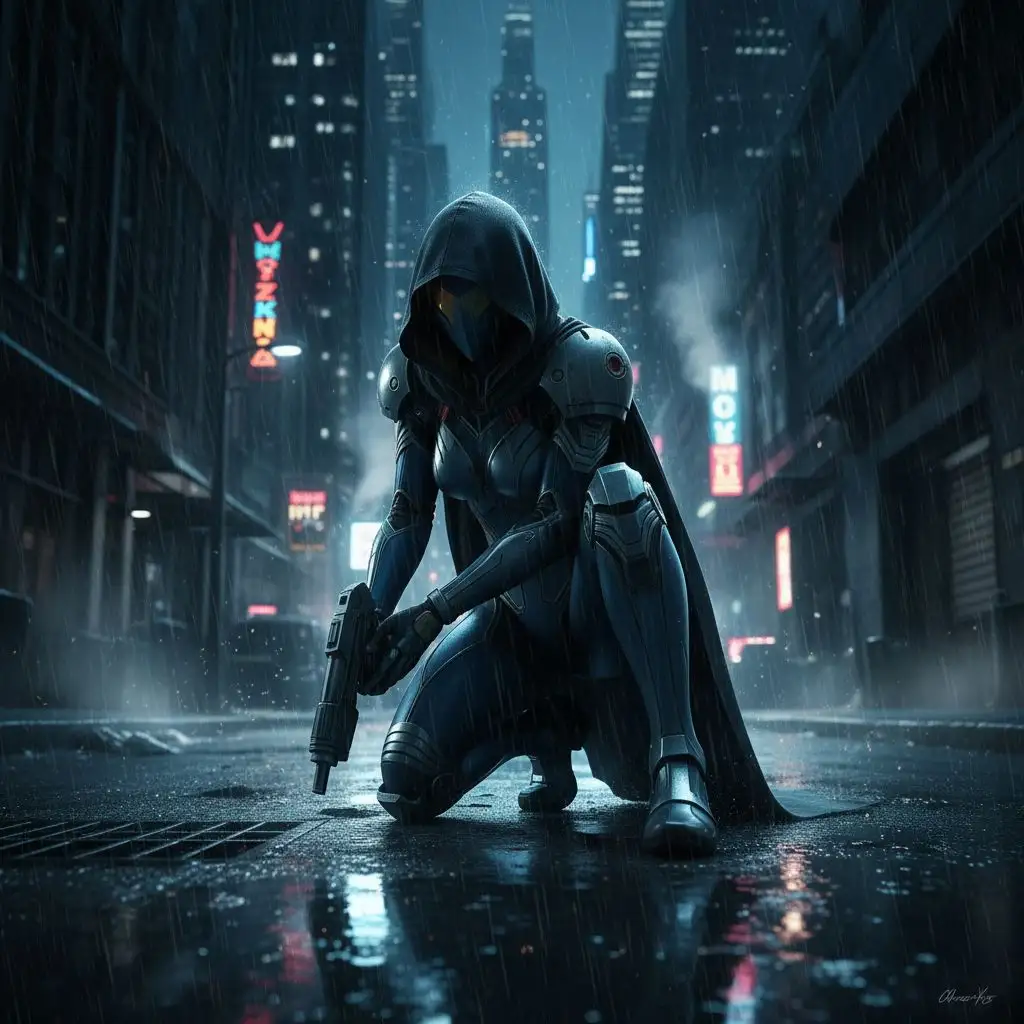 Zero Suit Samus on a stealth mission in a rainy city, neo-noir aesthetic.