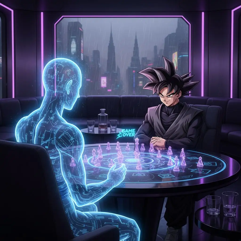Goku Black AI art: Goku Black playing a strategy game against a hologram in a futuristic lounge, cyber-noir style.