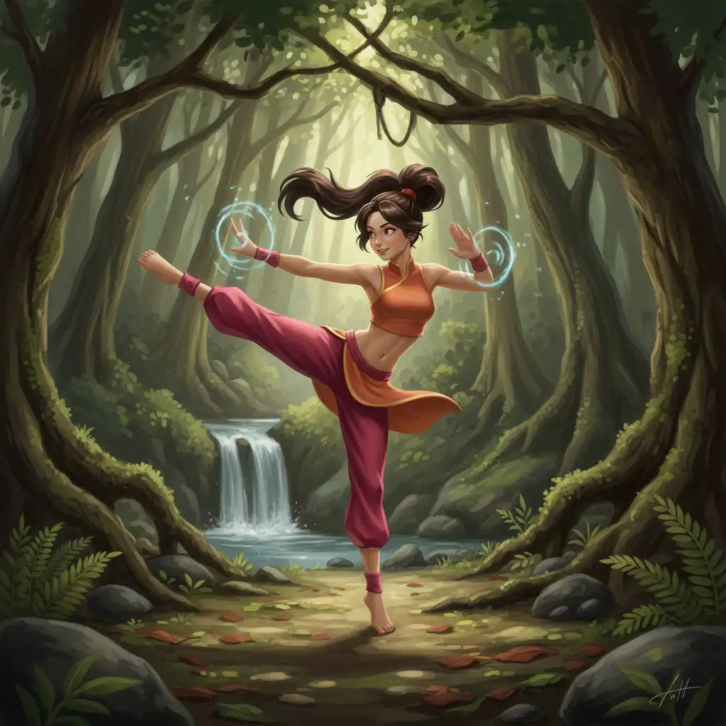 Ty Lee training martial arts in a forest, realistic digital painting.