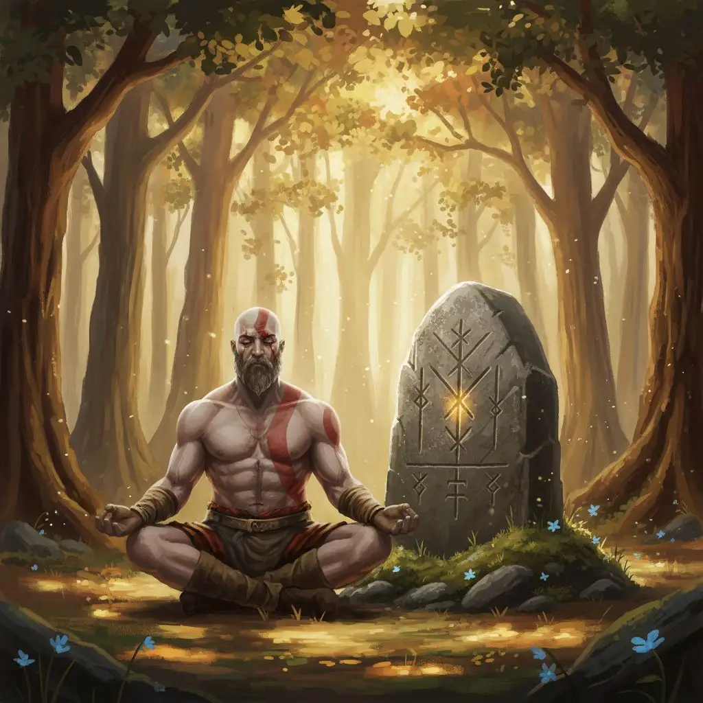 Kratos meditating in a forest, Kratos art in painterly style.