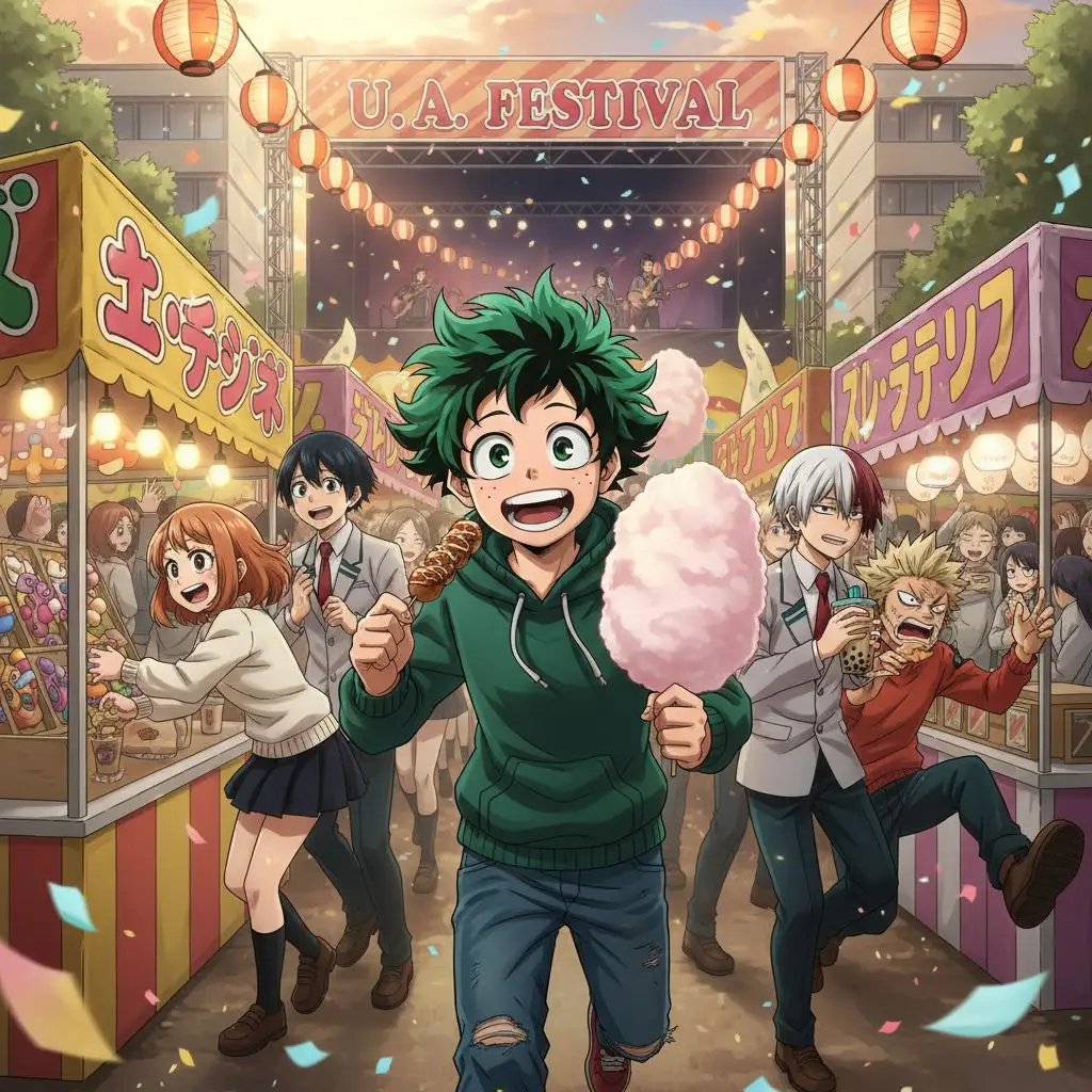 Deku having fun at a bustling school festival with friends.