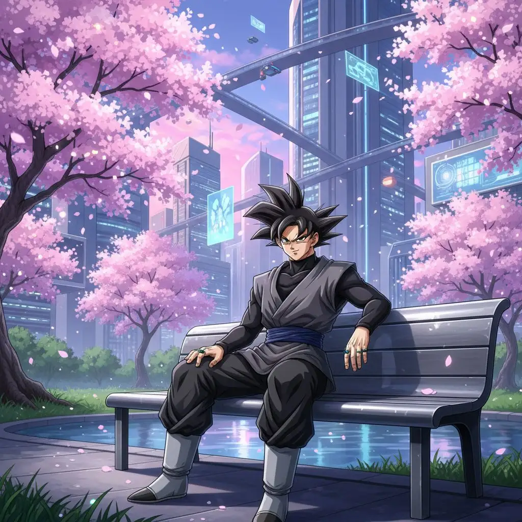 AI-generated Goku Black fan art: Goku Black relaxing in a futuristic city park, watching holographic cherry blossoms at twilight.
