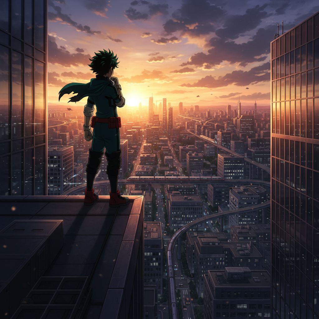 Deku on a rooftop overlooking a city at dawn, contemplating his hero journey.