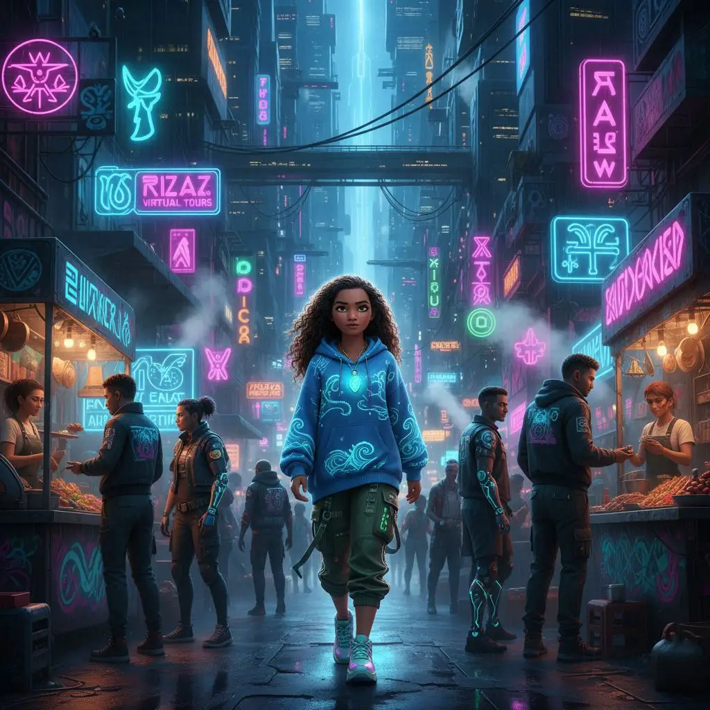 Moana in modern streetwear at a futuristic night market, illustrating a contemporary twist.