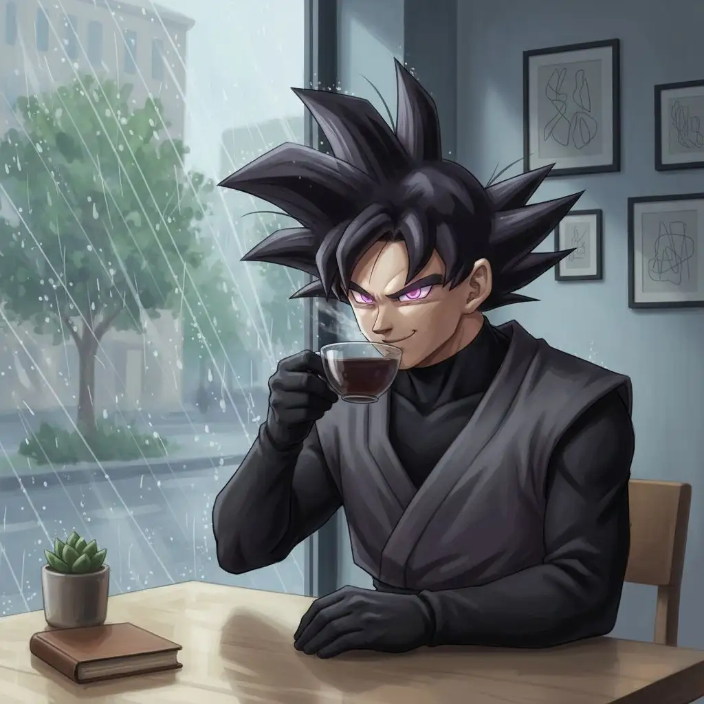 Custom Goku Black picture: Goku Black drinking tea in a modern cafe, rain outside, depicted in a thoughtful digital painting.