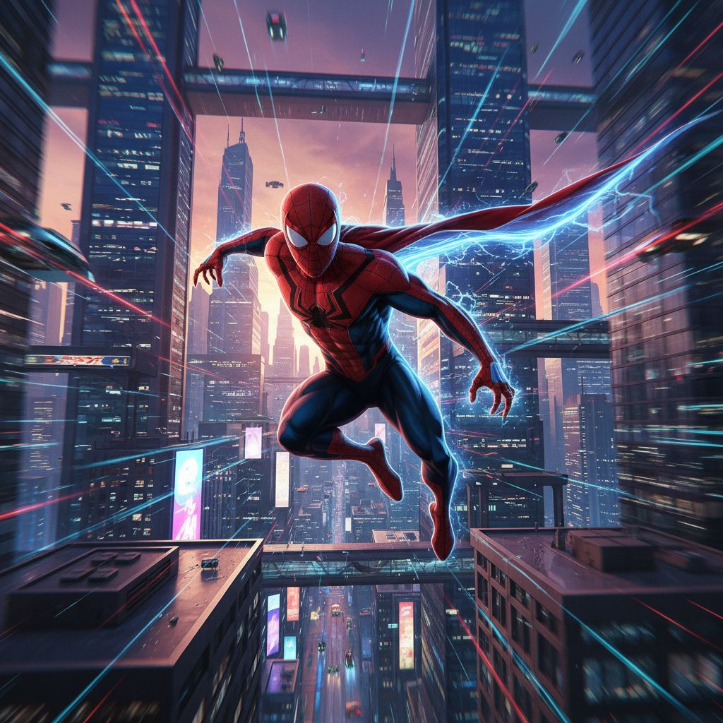Dynamic Miguel O'Hara fan art, Spider-Man 2099 swinging through futuristic Neo-York.