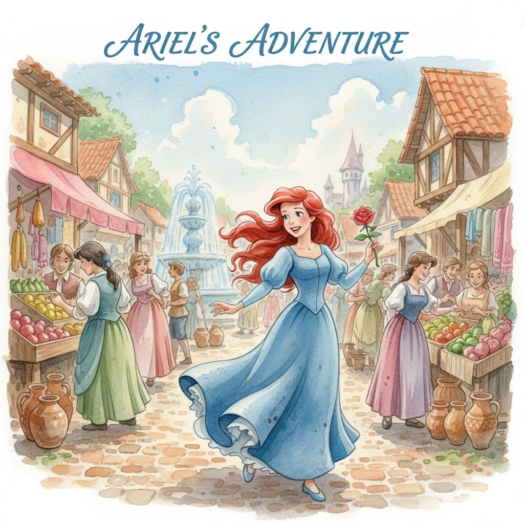 Cheerful watercolor painting of Ariel walking through a bustling human marketplace.
