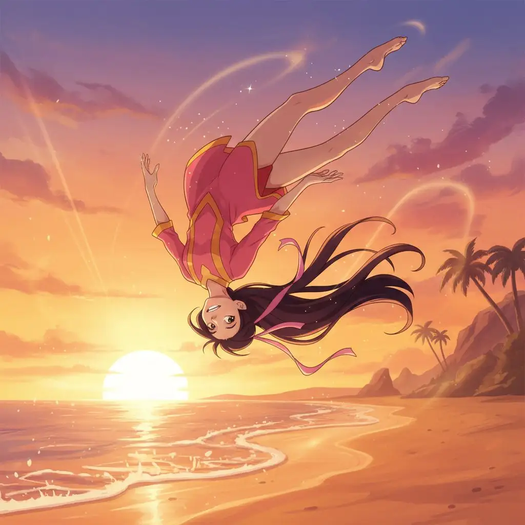 Ty Lee performing acrobatics on a beach at sunset, anime style.