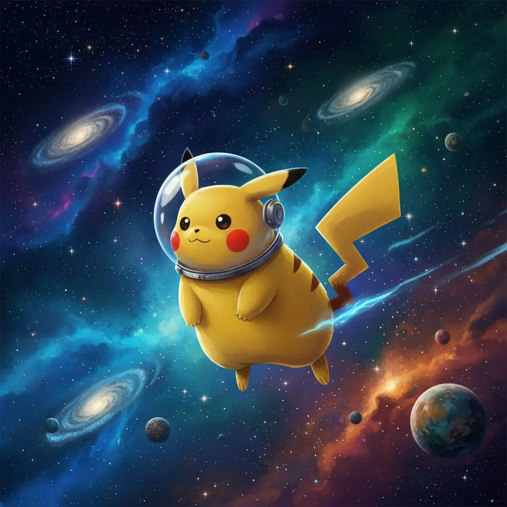 Pikachu in space with stars and galaxies, astronaut helmet, futuristic digital painting.