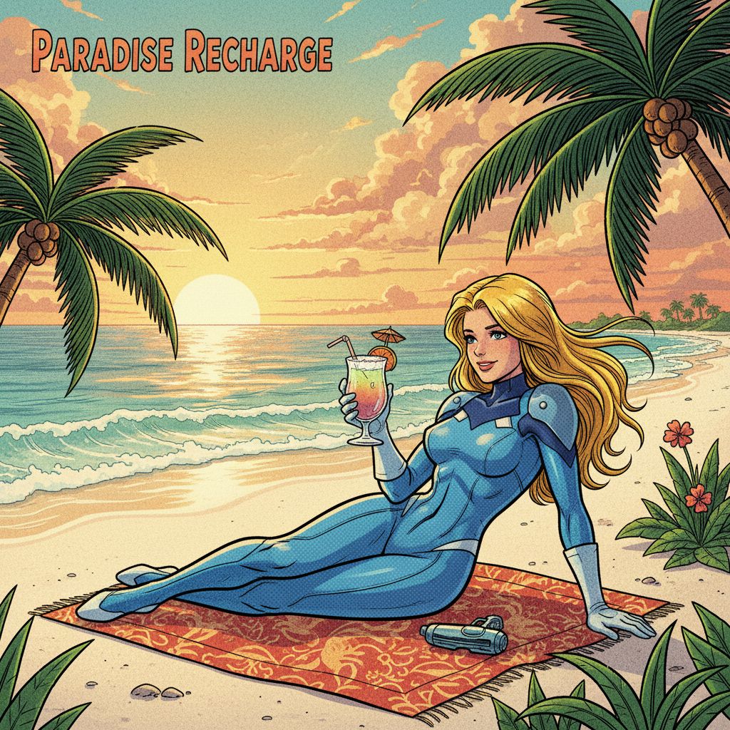 Zero Suit Samus relaxing on a tropical beach at sunset, pin-up art.