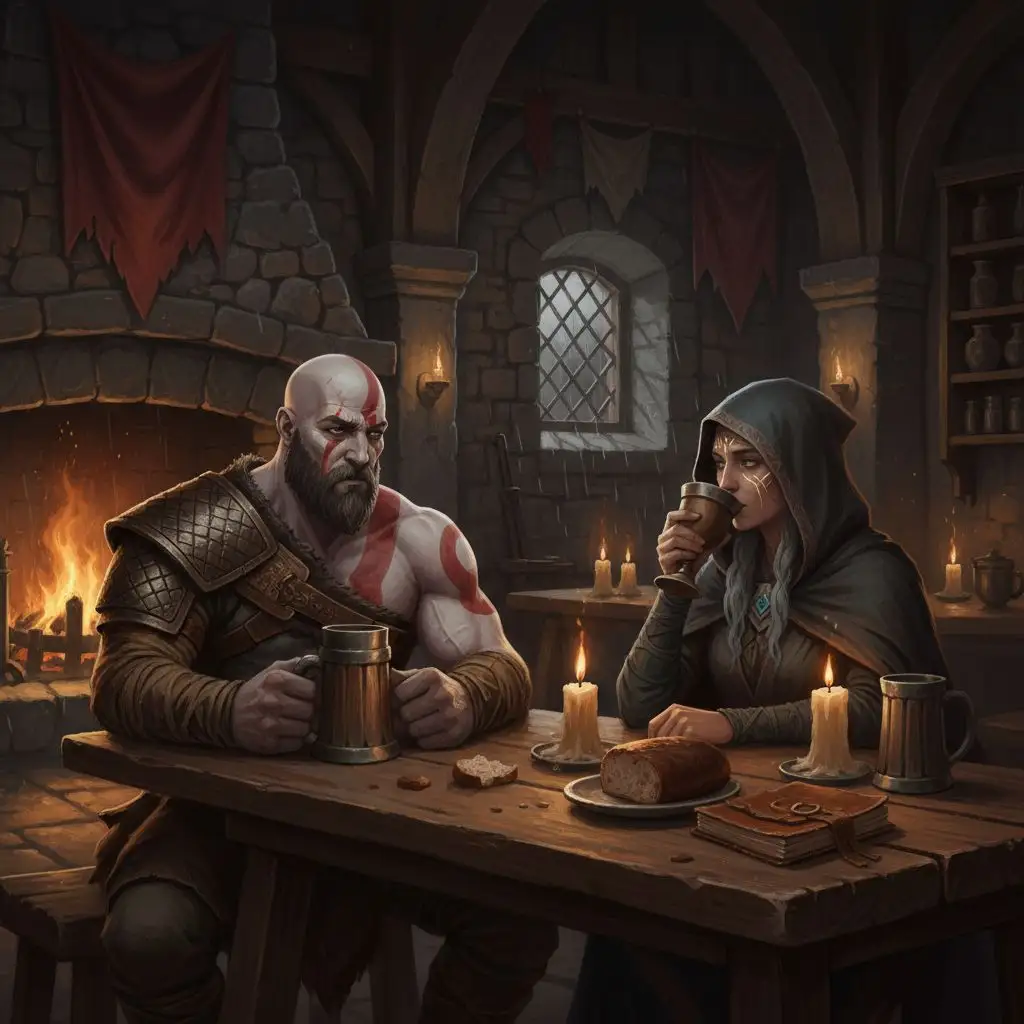 Kratos and Freya in a tavern, God of War painting.