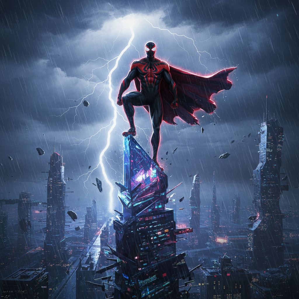 Powerful Miguel O'Hara Spider-Verse art, standing on a skyscraper during a storm.