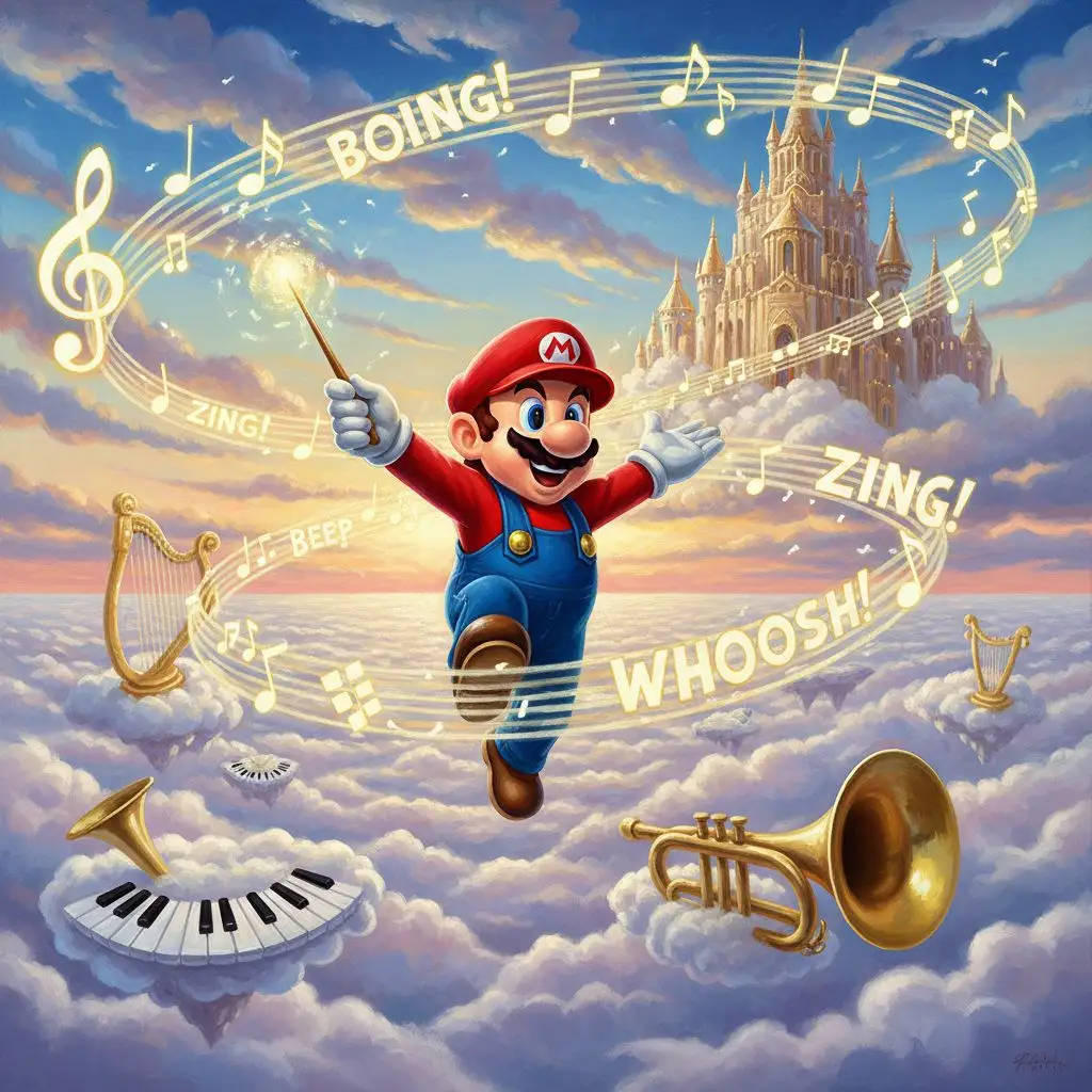 Mario joyfully conducting a symphony of musical notes in a cloud-filled sky.