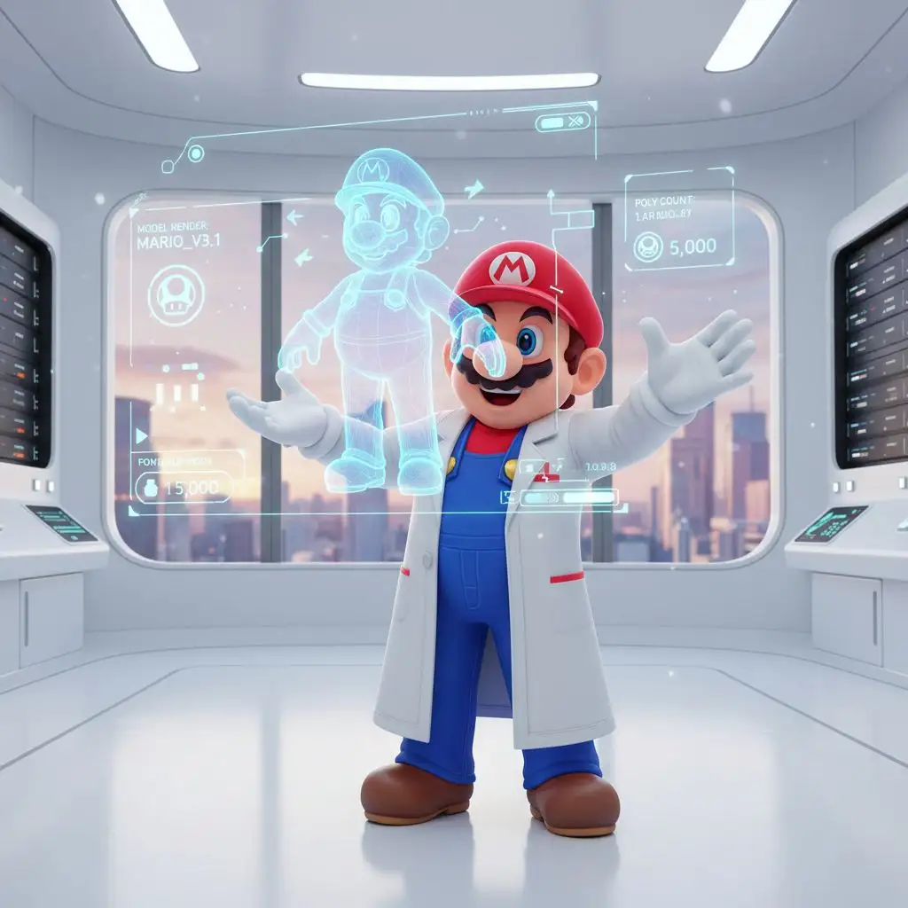 Mario effortlessly manipulating a holographic projection of a 3D Super Mario character.