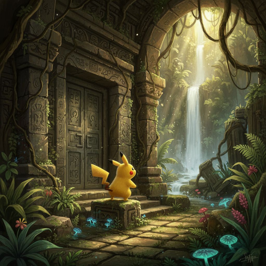 Pikachu exploring an ancient jungle temple, sunlight, adventurous illustration.