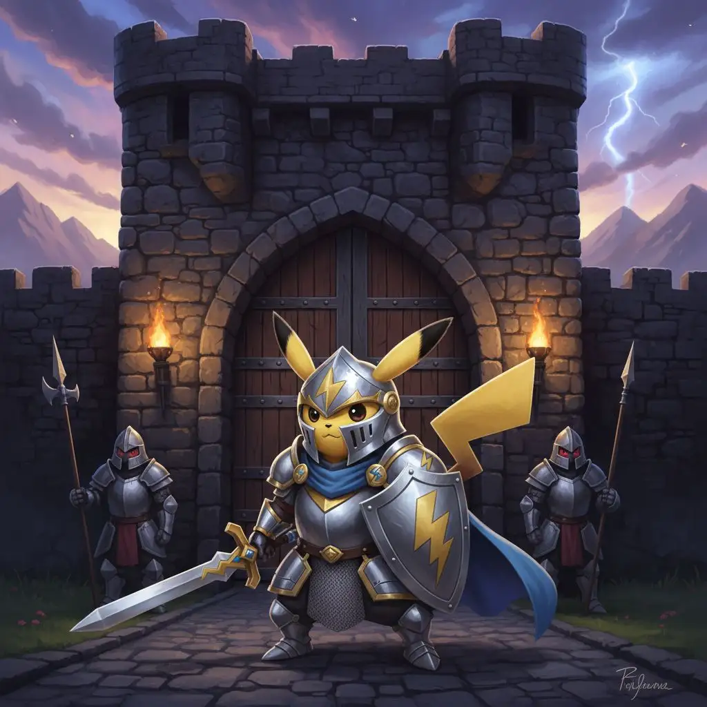 Pikachu as a knight guarding a medieval castle, epic fantasy art style.