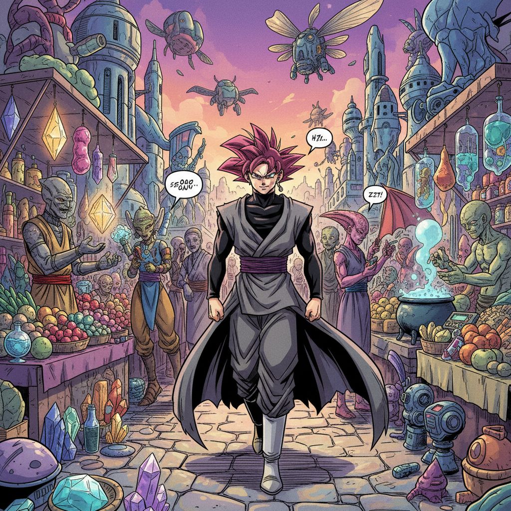 Goku Black fan art drawing: Goku Black walking through a vibrant alien marketplace, observing unique alien life.