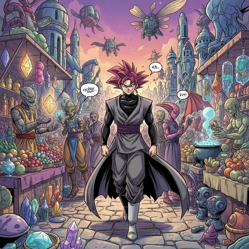 Goku Black fan art drawing: Goku Black walking through a vibrant alien marketplace, observing unique alien life.