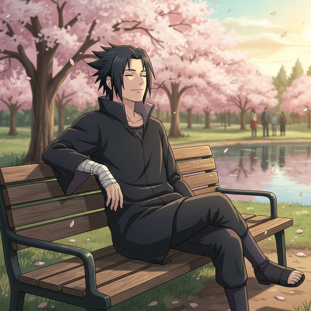 Sasuke Uchiha relaxing on a park bench, enjoying a sunny afternoon.